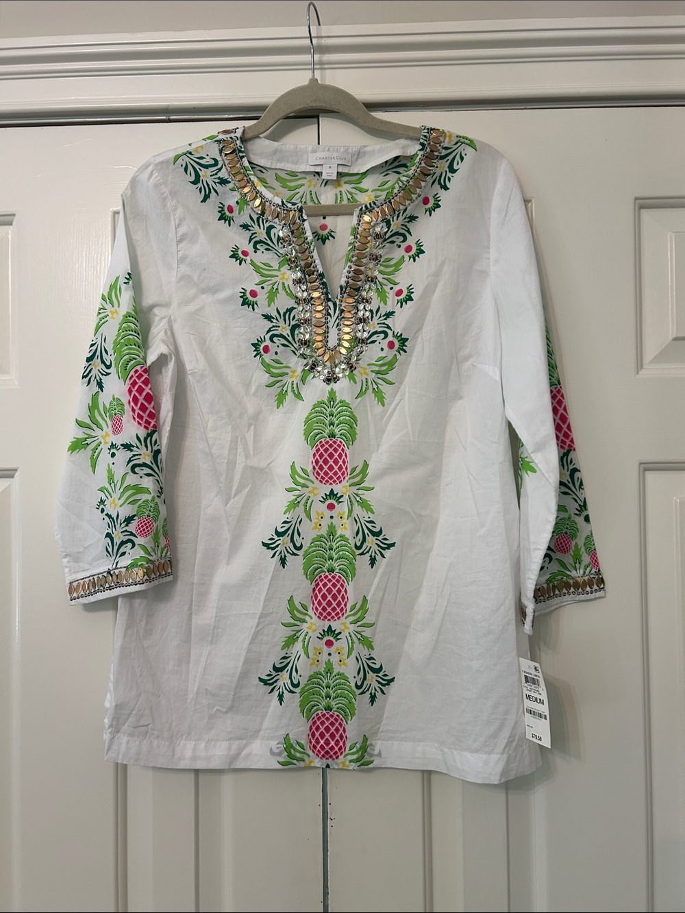 CHARTER CLUB White Embroidered Tunic with Pink & Green Pineapple Motif MEDIUM